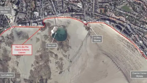 Government of Jersey A aerial view of Havre des Pas. On the left there is a text box which has the writing 'La Collette', further up there is a red box with the writing 'Havre des Pas Coastal Scheme Extents, an arrow and text box which says 'The lido' towards the centre. On the right-hand side there is a text box which says 'Le Dicq Slipway' and towards the bottom left it says 'Charrier Corner Slipway'. 