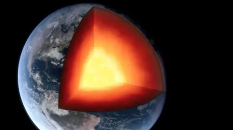 A 3D illustration of Earth with a slice cut out revealing the layers including the core.