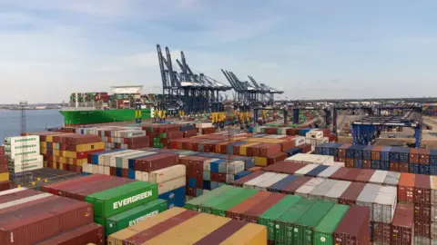 PA Media A drone image of the Port of Felixstowe. Shipping containers are stacked on top of each other while a green ship and several cranes are in the distance.