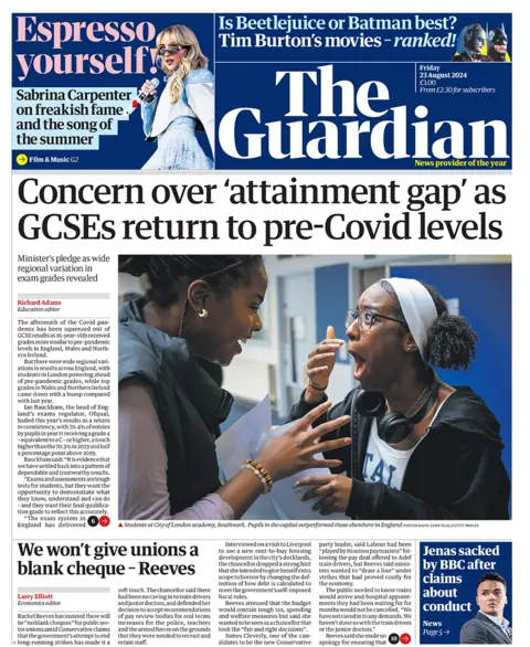 Front page of The Guardian, August 23