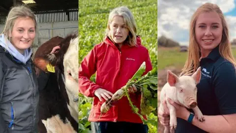 A composite image of three women. On the left, Isla has blonde hair tied back and is wearing a dark waterproof coat. She is standing next to a brown and white cow. In the centre, Louisa has a red waterproof jacket on, and has blonde hair. She is standing in a field full of green vegetables and is holding a parsnip. On the right, Chloe has auburn hair and is standing in a field. She is holding a pink piglet