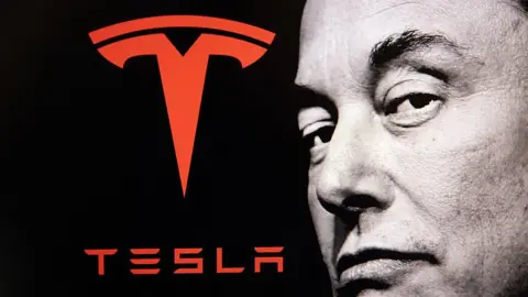 Double exposure photograph of a portrait of Elon Musk and his Tesla company logo at Kerlouan in Brittany in France on 21 May 2025