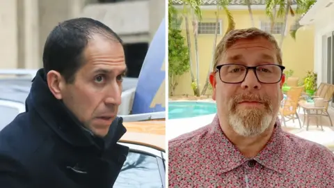 DMG Media Side‑by‑side images of two people. The left image shows a person wearing a dark coat standing beside a car in an urban outdoor setting. The right image shows a person wearing a patterned button‑up shirt standing in a sunny backyard with a swimming pool, patio furniture, and palm trees.