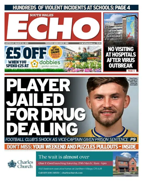 South Wales Echo Main headline of the South Wales Echo front page reads: "Player jailed for drug dealing."
Alongside a photo of a young football player can be seen. He has mousy brown short hair swept to the left side of his face, he has a light brown trimmed beard and he smiles at the camera showing some of his teeth. 