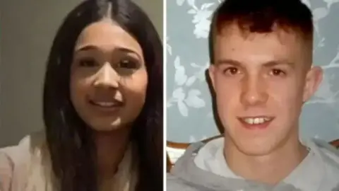 Family photos Head and shoulders photographs of Sunnah Khan and Joe Abbess. Sunnah has long, dark hair and is wearing a pale top. Joe is wearing a light grey hoodie. He has short, fair hair that is shaved at the sides. Both are looking directly at the camera and smiling