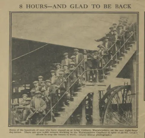Modern Records Centre, University of Warwick A newspaper cutting showing an image of miners returning to work at Arley Colliery in Warwickshire. It says they returned under "new eight-hour-day terms". 