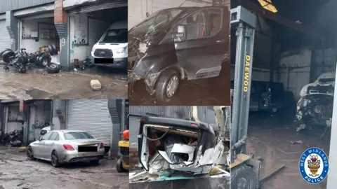 West Midlands Police A composite of five vehicles in a lock-up. All have number plates obscured. A black van has a smashed front window and parts missing from its bonnet. A white van is on its roof with insides in a state of disrepair. A silver car is next to a pile of tires by a roll-up door.