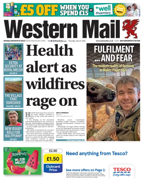 Western Mail Western Mail front page. The lead headline reads: Health alert as wildfires rage on