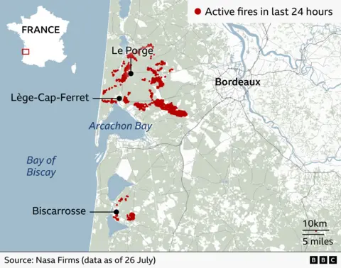 Map of south-west France showing active wildfires recorded in the last 24 hours. Large clusters of red dots mark fire activity around Arcachon Bay, concentrated to the south west of Bordeaux and between Lège-Cap-Ferret and Le Porge on the Atlantic coast. A second sizeable cluster is located near Biscarrosse to the south. Bordeaux is labelled inland to the east, while Arcachon Bay and the Bay of Biscay are labelled in blue along the coastline. An inset map of France in the top left highlights the location of the affected area.
