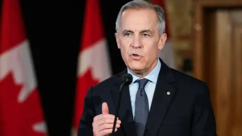 Mark Carney speaks at a podium against a backdrop of a brick wall, wooden doors and Canadian flags