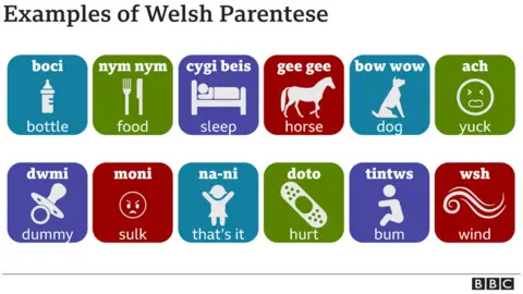 A graphic showing examples of baby talk in Welsh