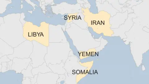 Map showing countries affected