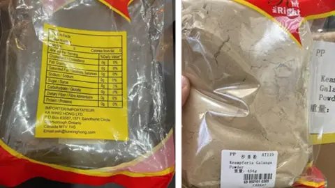 York Region Public Health Photos of two retail baking powders suspected of being contaminated with aconite.