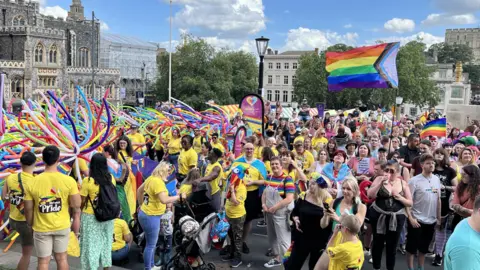 Martin Barber/BBC Pride march gathering in Norwich