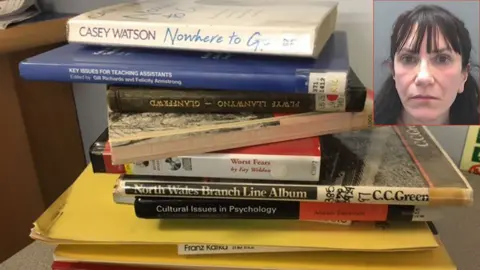 CPS/South Wales Police A pile of the stolen books with an inset of Elizabeth Macregor