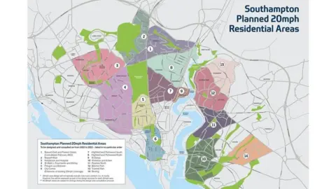 Southampton City Council A map of the areas of Southampton set for 20mph speed limits on residential roads