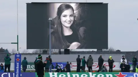 Brian Lawless/PA Wire A photo of Ashling Murphy is displayed on the big screen at half-time during the Heineken Champions Cup, Pool A match at The Sportsground in Galway