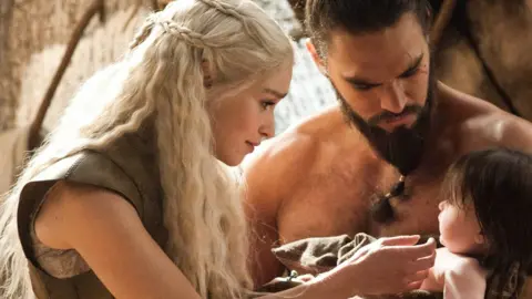 HBO Clarke as Daenerys Targaryen in Game of Thrones, opposite Jason Momoa as Drago