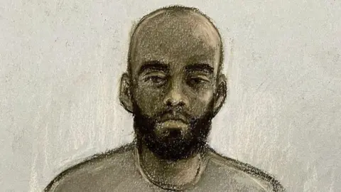  Elizabeth Cook/PA Media A court sketch of Abdiwahid Abdulkadir Mohamed by Elizabeth Cook