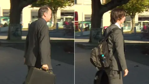 BBC David Waghorn, 55, and his son James, 27, arriving at Plymouth