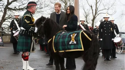 PA Prince Harry and Meghan Markle meet Pony Major Mark Wilkinson and regimental mascot Cruachan IV