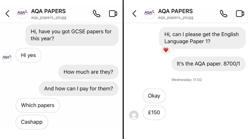 BBC/Instagram A screenshot showing a conversation with the exam paper scammer