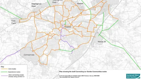 Somerset West and Taunton Council A map showing the proposed cycling routes