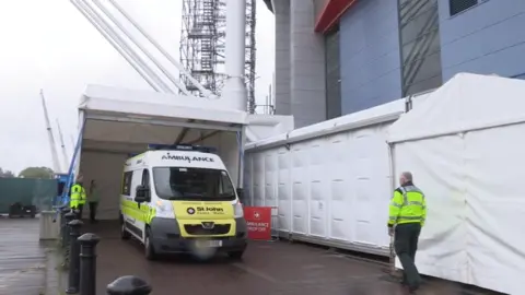 Cardiff and Vale UHB An ambulance arriving at the Dragon's Heart field hospital at the Principality Stadium