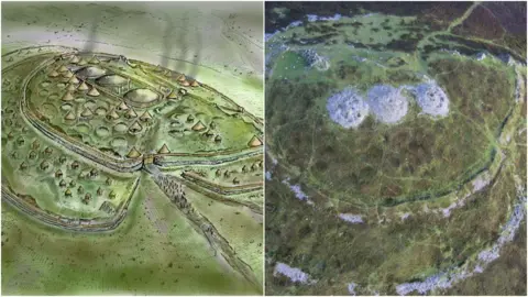 Toby Driver an artist's drawing of a village of round houses enclosed by stone walls in a pattern similar to an aerial photo of the ruins of a hillfort