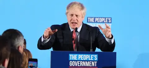 Getty Images PM Boris Johnson celebrating, 13 Dec 19