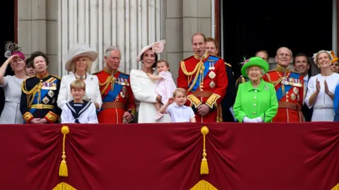 Getty Images Members of the Royal family stand on the balcony of Buckingham Palace to watch a fly-past of aircrafts by the Royal Air Force in London in 2016