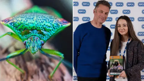 Lily Edwards | RSPCA A green shield bug and Lily Edwards with Chris Packham