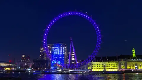 Pool The London Eye lit up purple