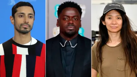 Getty Images Riz Ahmed, Daniel Kaluuya and Chloé Zhao