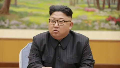 KCNA Kim Jong-un seen seated, wearing brown tortoiseshell glasses and a pinstripe dark grey suit