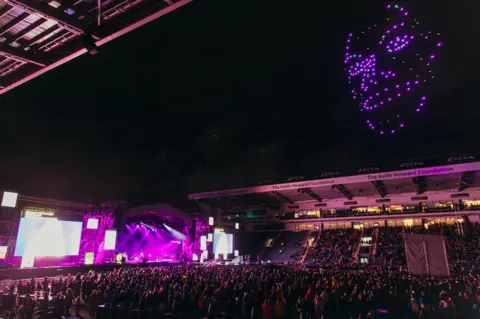 Tom Joy Drones forming a face above Headingley stadium