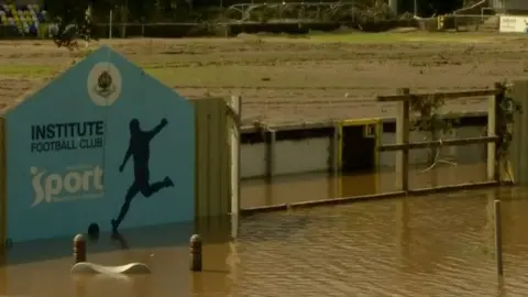 Floodwater around the boundary of the Riverside Stadium