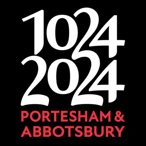 Bruce Duckworth The logo with the dates 1024 and 2024 in white stacked above each other on a black background and the words Portesham and Abbotsbury beneath in red