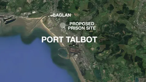 Getty Images A map showing the proposed Baglan site for the new prison