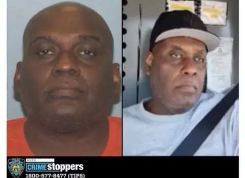 EPA/New York City Police Department A handout image by the New York City Police Department of Frank R. James, 62, who police are identifying as a "person of interest" in the Brooklyn subway shooting. The image shows two pictures of a black man. In one he wears an orange t-shirt, in the other he is wearing a seatbelt in a vehicle.