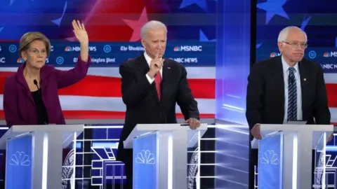 Getty Images Elizabeth Warren, Joe Biden and Bernie Sanders during the debate