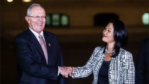 AFP This file picture taken on July 11, 2017 shows Peru"s President Pedro Pablo Kuczynski (2-L) shaking hands with the leader of Fuerza Popular party, Keiko Fujimori (2-R) after a private meeting at the Peruvian Governement Palace in Lima