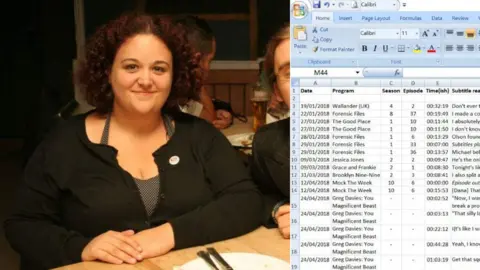 Gemma Rayner-Jones Side-by-side collage of Ms Rayner-Jones and a screenshot showing her logging of inaccurate subtitles