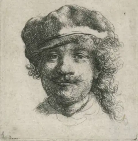 Norfolk Museums Service Rembrandt Harmensz van Rijn 1606-1669, self portrait wearing a soft cap, full face, head only ('Rembrandt aux trois moustaches'), 1634, etching on paper, 4.8 x 4.4cm