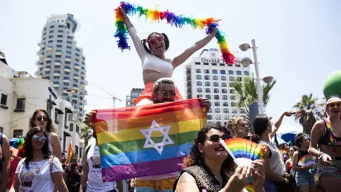 Getty Images File photo showing people taking part in the annual gay pride parade in Tel Aviv, Israel, on 14 June 2019