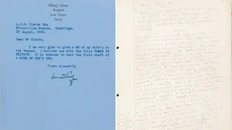 Fitzwilliam Museum Letter from Leonard Woolf (left) and manuscript page from A Room of One's Own (right)