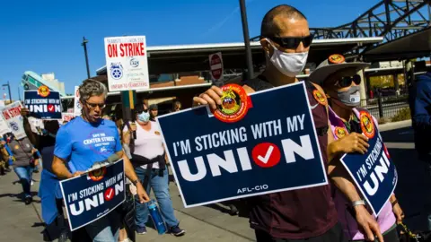 Getty Images Union members protesting about job cuts at transport firm Keolis in Nevada last autumn