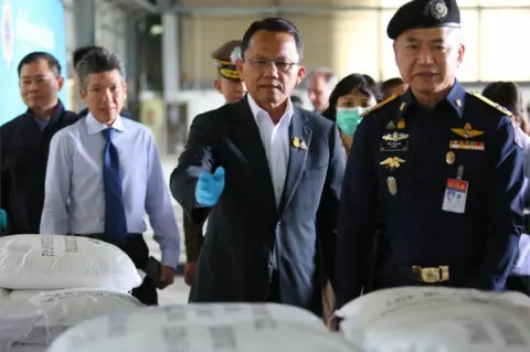European Photopress Agency A handout photo made available by the Office of Narcotics Control Board (ONCB) shows Thai Justice Minister Somsak Thepsutin (C) and the secretary-general of the ONCB, Wichai Chaimongkhon (R) inspect after seized Ketamine inside a warehouse at Bang Pakong District in in Chachoengsao province, Thailand, 12 November 2020.