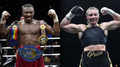 A split picture of Dan Azeez and Lauren Price winning their bouts in Paris