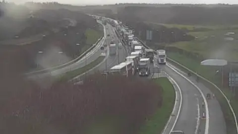 Traffic Wales Queuing traffic on the A55 Junction 1 Holyhead Westbound